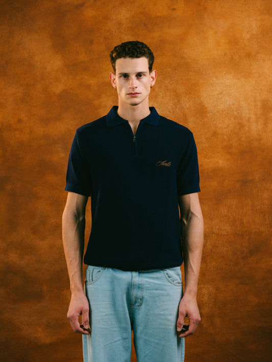 Knitted Quarter Zip Polo in Navy Blue