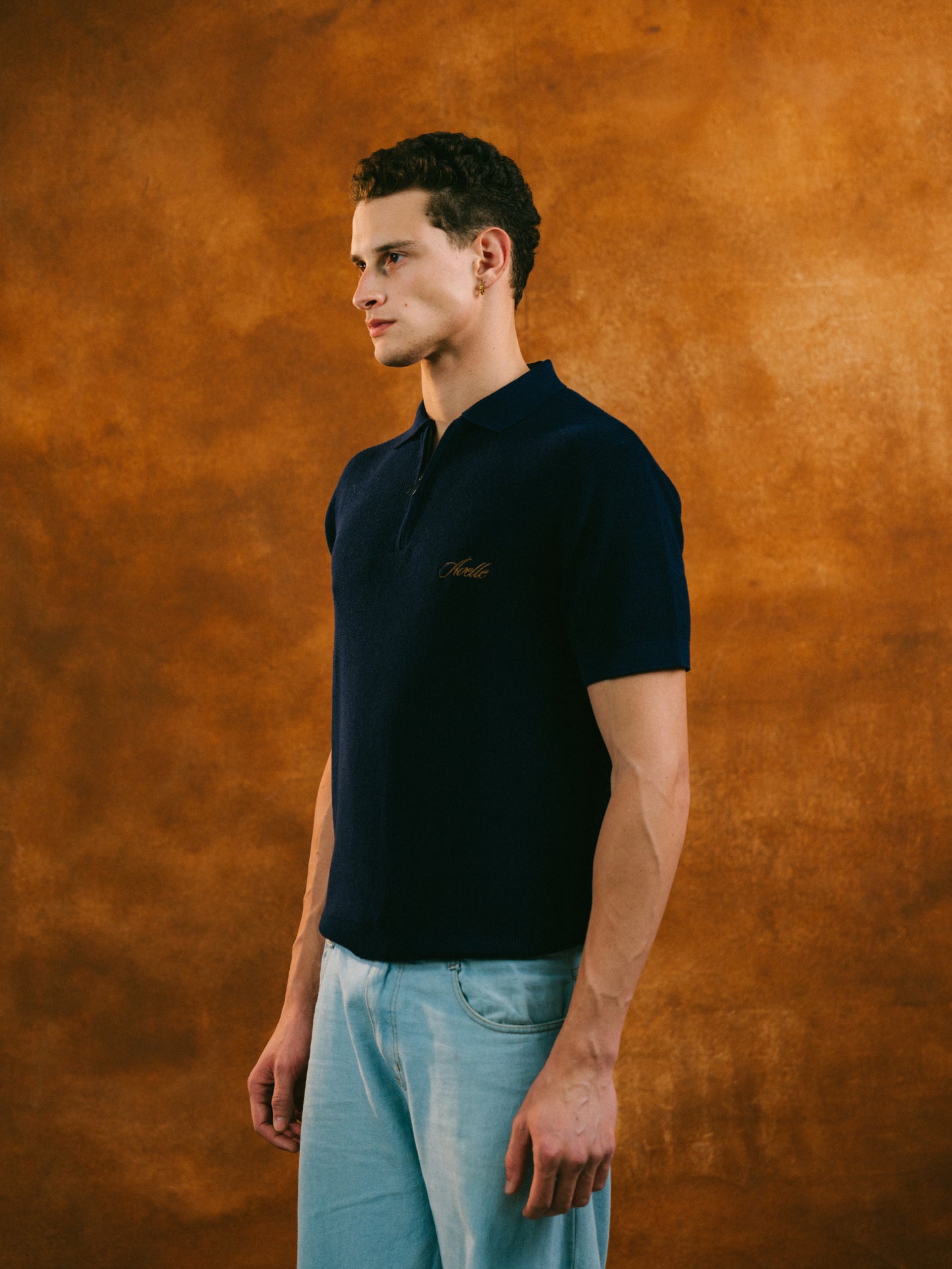 Knitted Quarter Zip Polo in Navy Blue