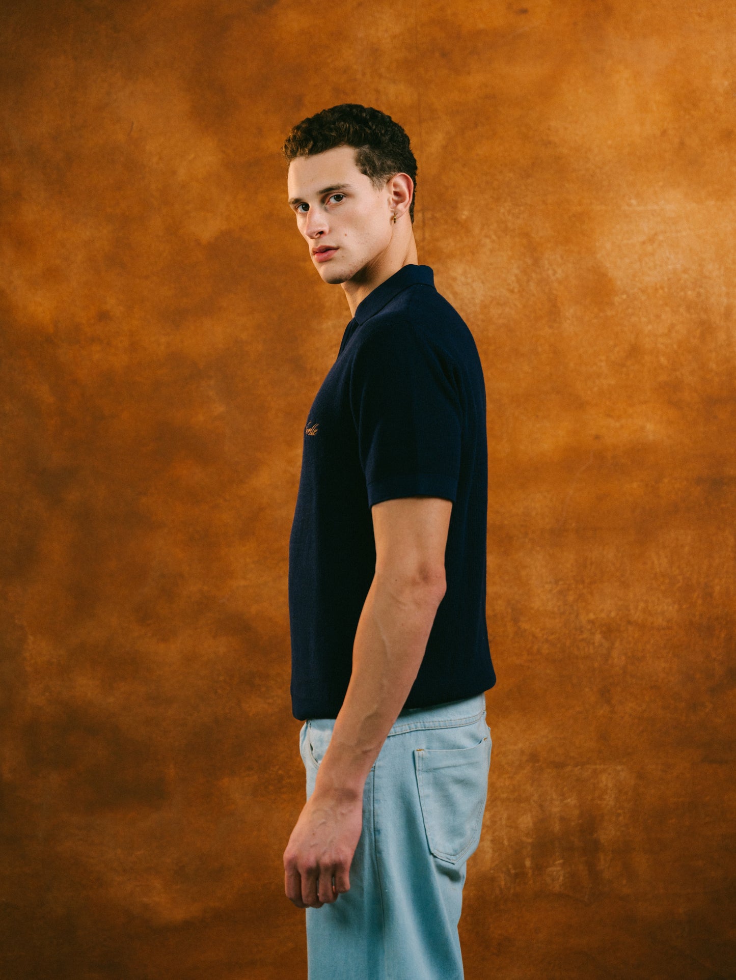 Knitted Quarter Zip Polo in Navy Blue