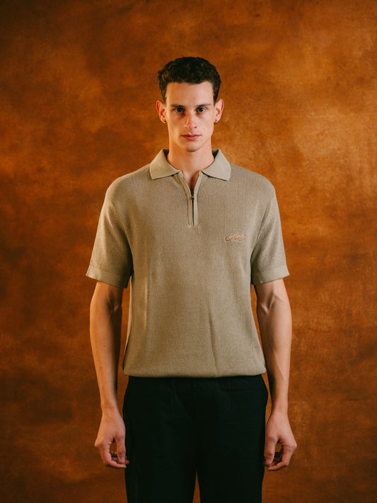 Knitted Quarter Zip Polo in Olive