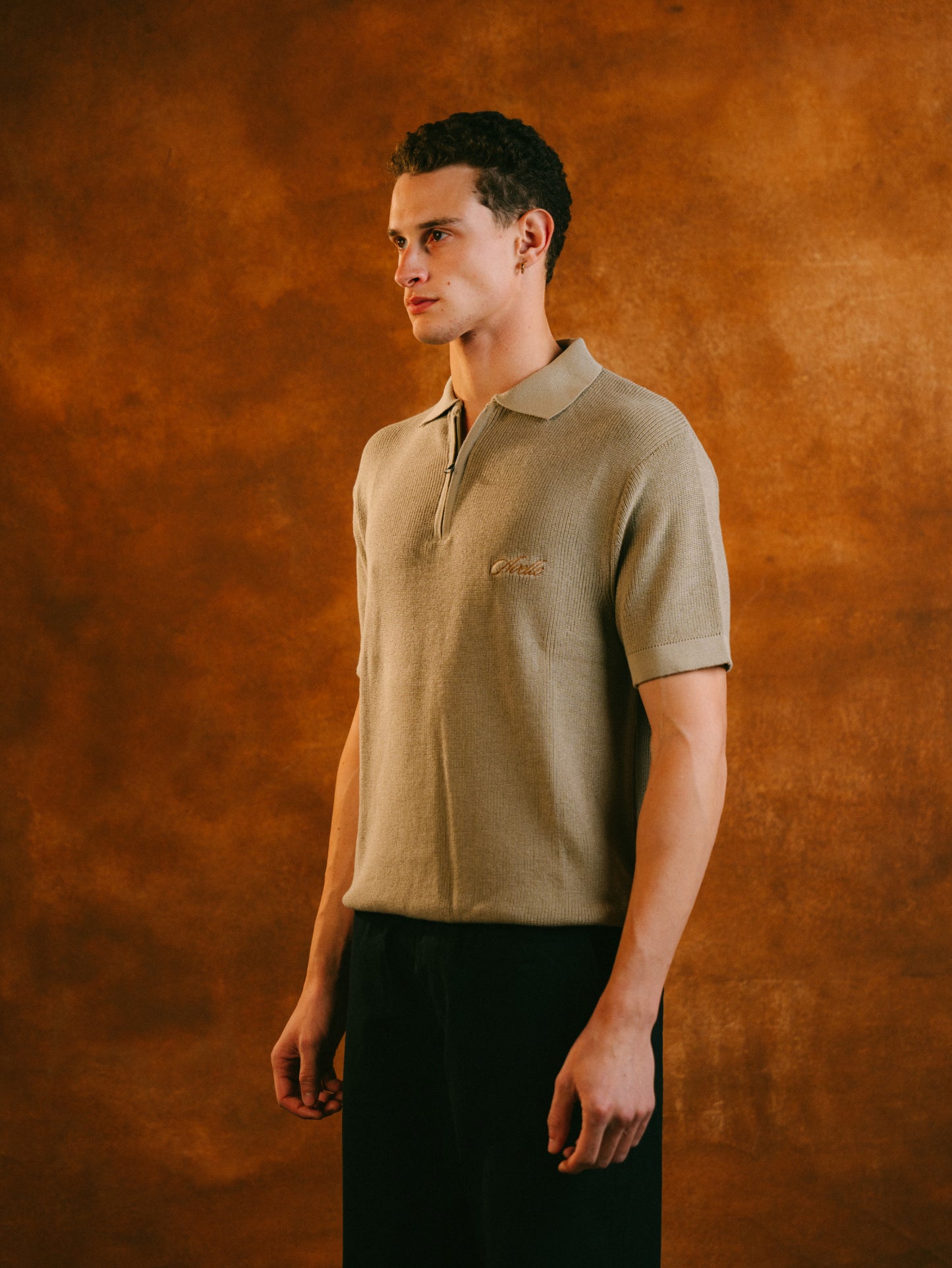 Knitted Quarter Zip Polo in Olive