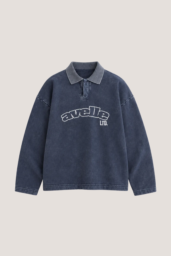 LTD washed polo in navy blue with avelle LTD embroidery, front