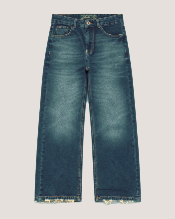 Relaxed fit jeans in mid blue wash with frayed hem, front
