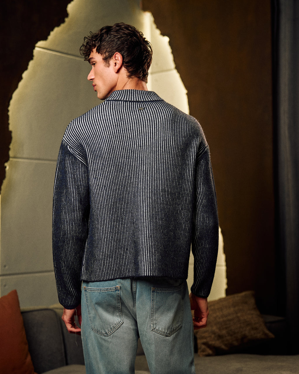 Zip Up Knitted Sweater In Navy Blue