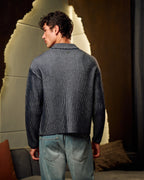 Zip Up Knitted Sweater In Navy Blue