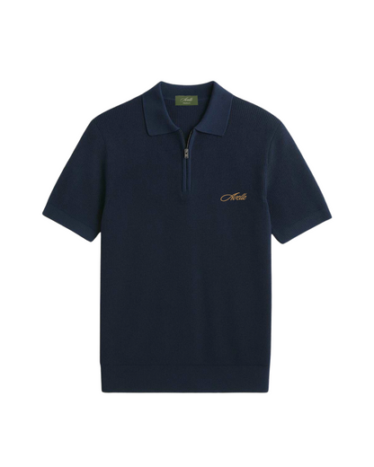 Knitted Quarter Zip Polo in Navy Blue