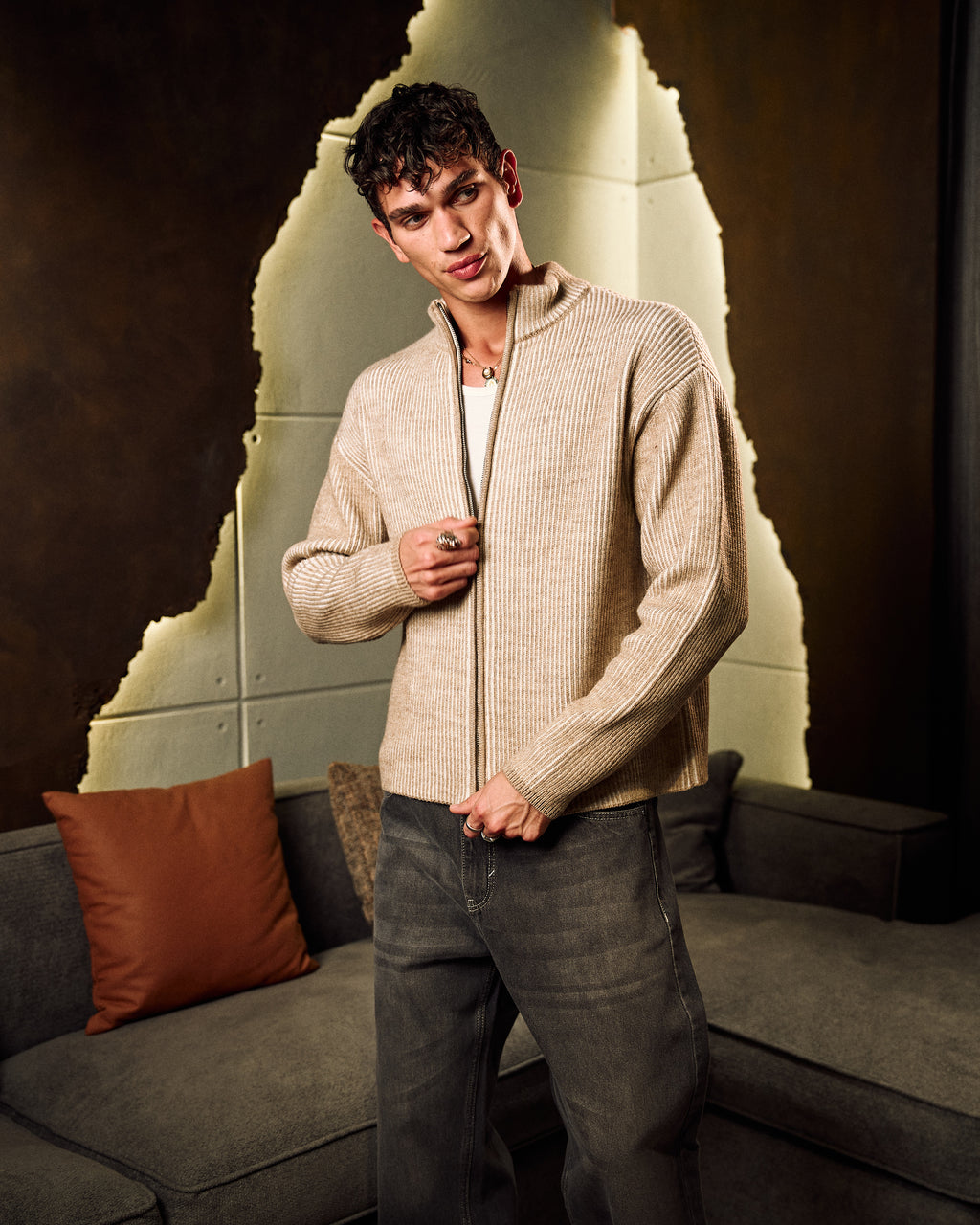 Zip Up Knitted Sweater In Beige