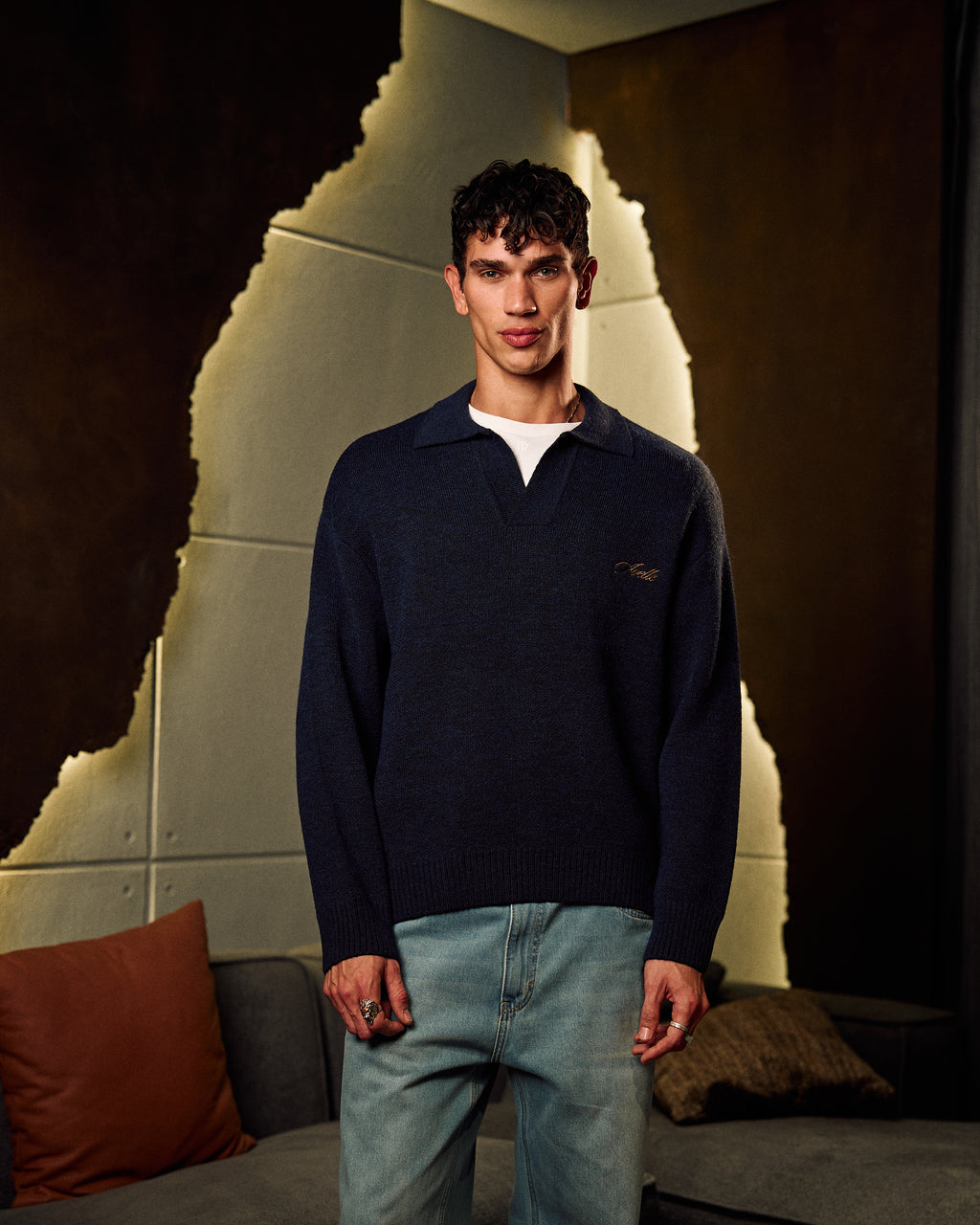 Knitted Polo Sweater In Navy Blue
