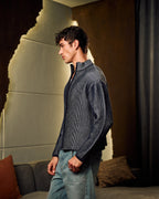 Zip Up Knitted Sweater In Navy Blue