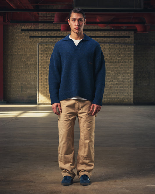 Knitted Polo Sweater in Navy Blue