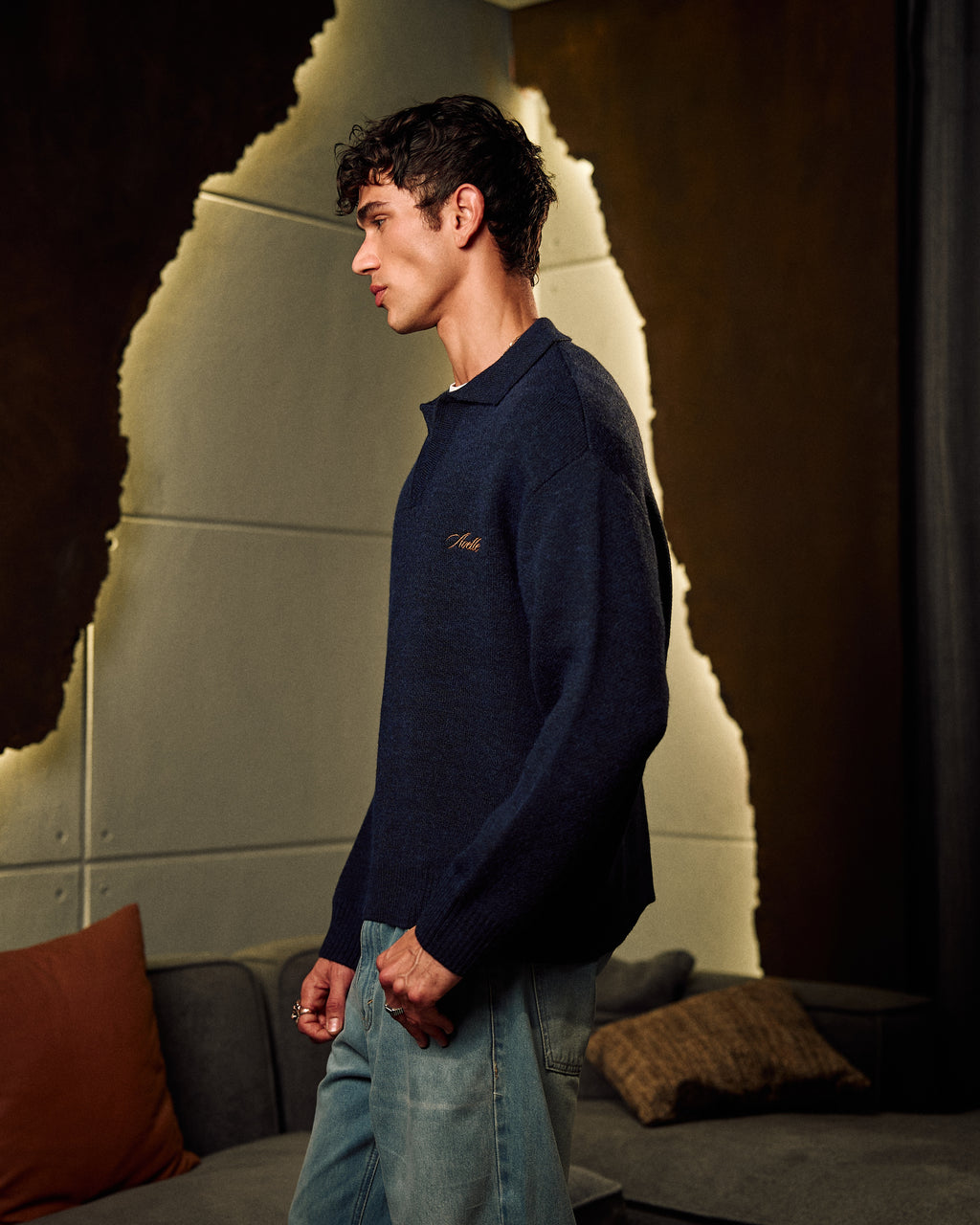 Knitted Polo Sweater In Navy Blue