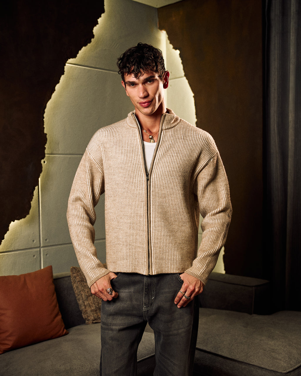 Zip Up Knitted Sweater In Beige