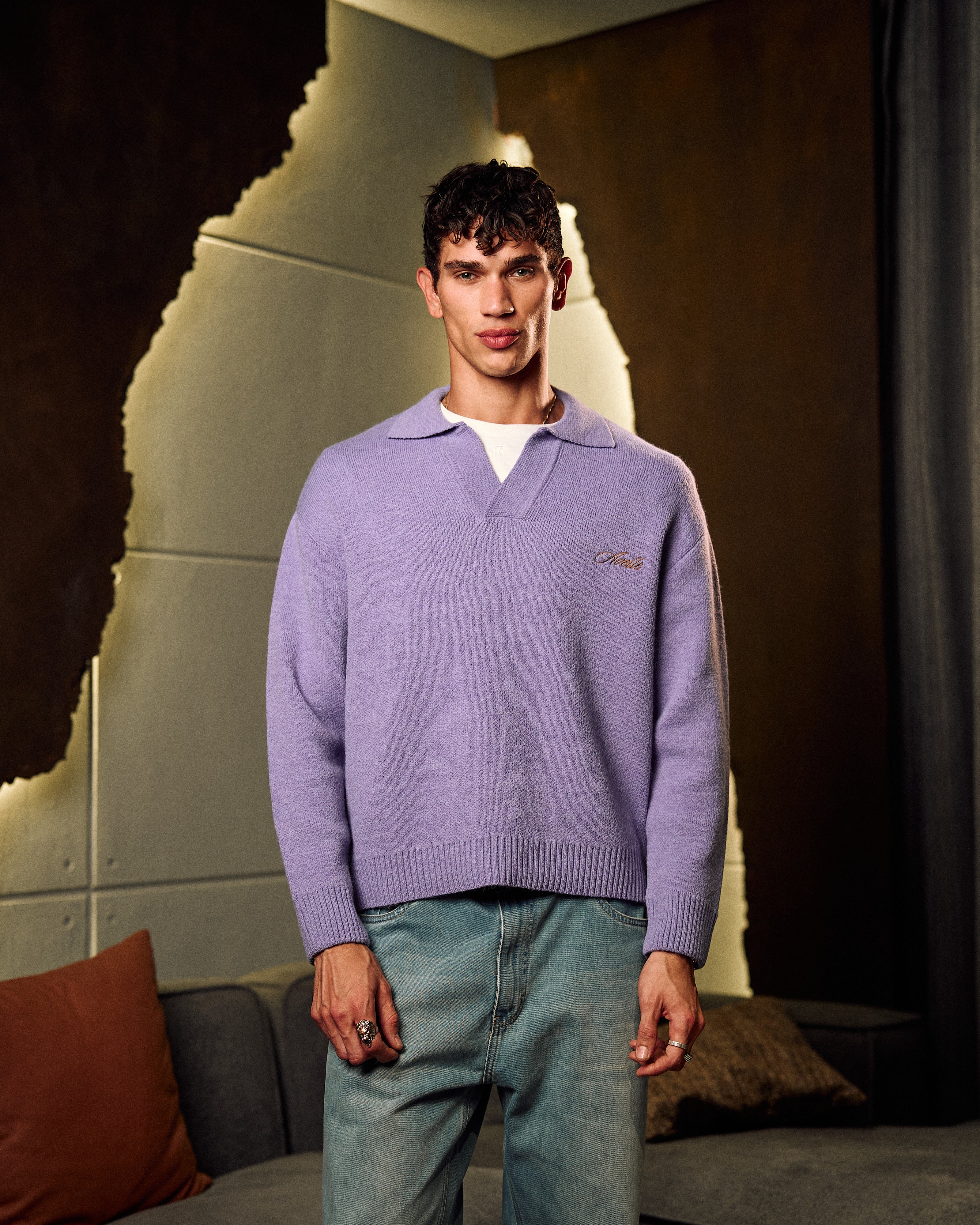 Knitted Polo Sweater In Purple