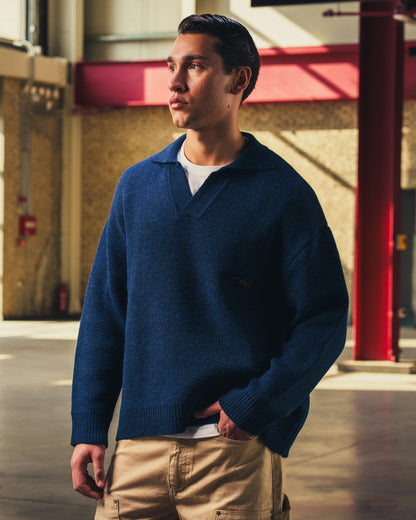 Knitted Polo Sweater in Navy Blue