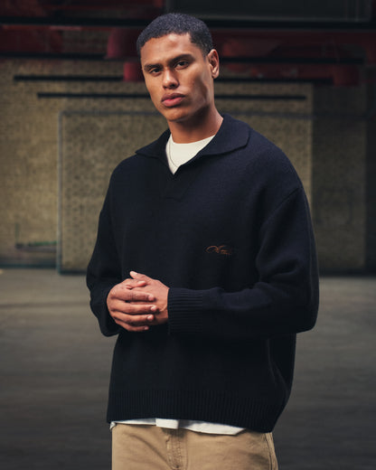 Knitted Polo Sweater in Black