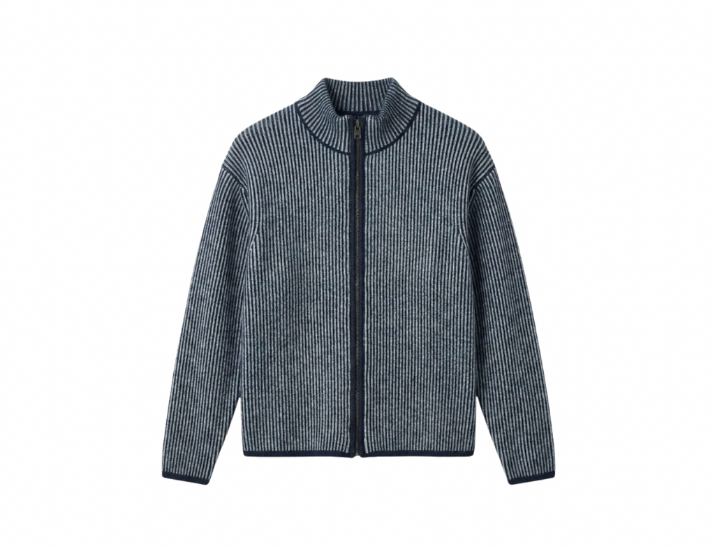 Zip Up Knitted Sweater In Navy Blue