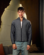 Zip Up Knitted Sweater In Navy Blue