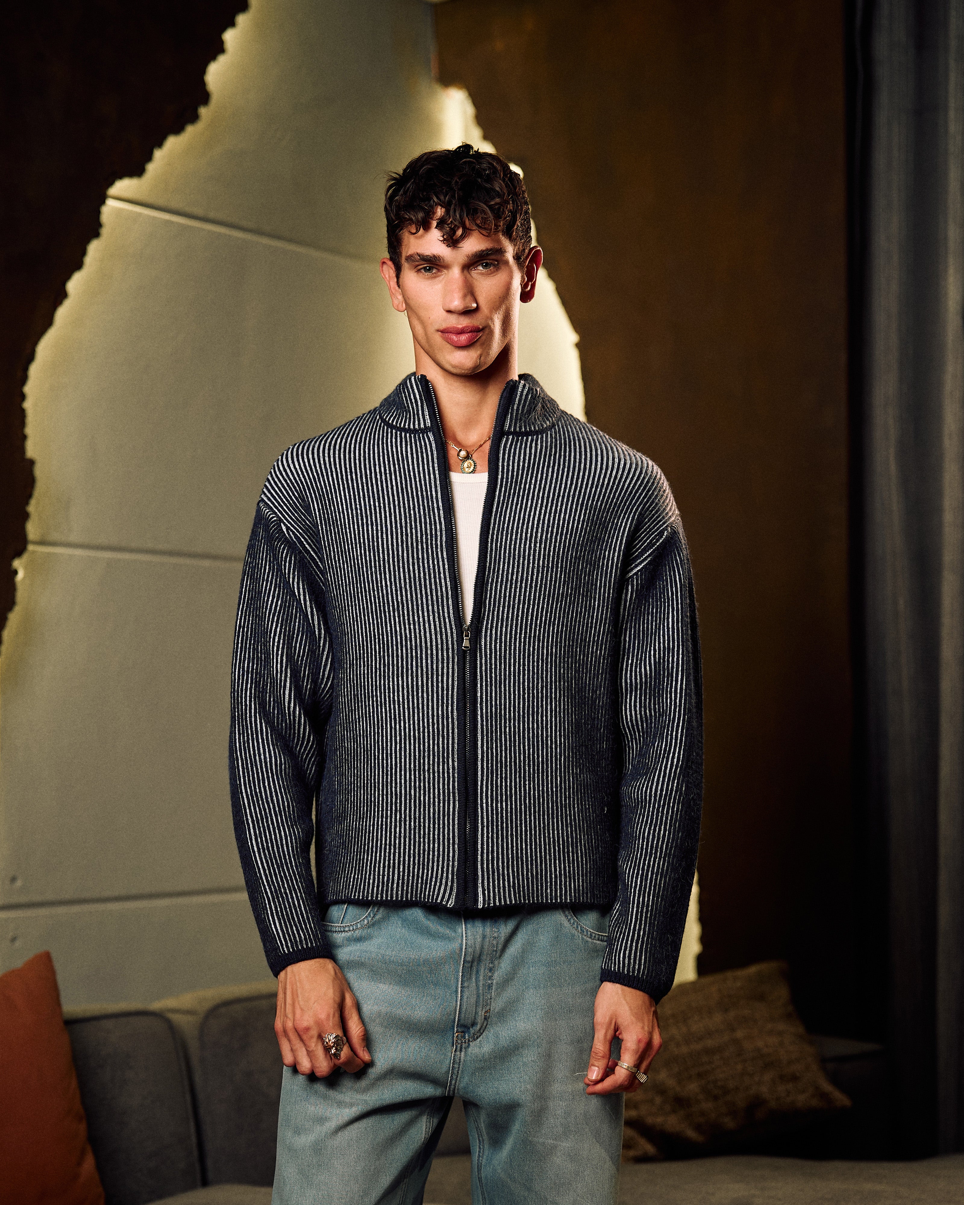 Zip Up Knitted Sweater In Navy Blue