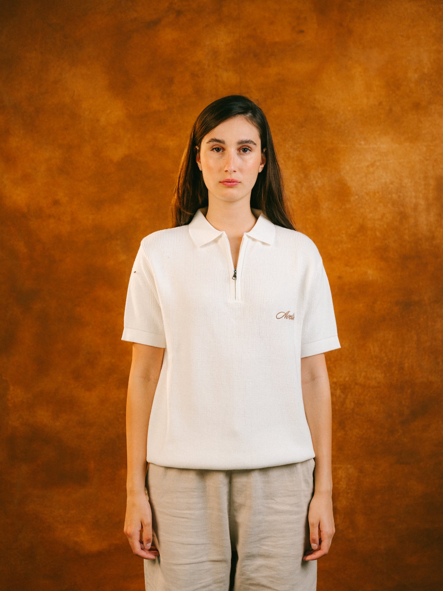 Knitted Quarter Zip Polo in Cream