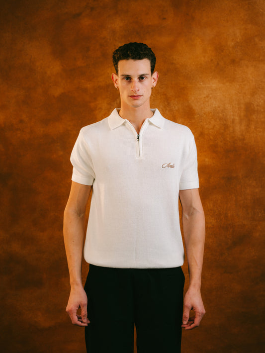 Knitted Quarter Zip Polo in Cream