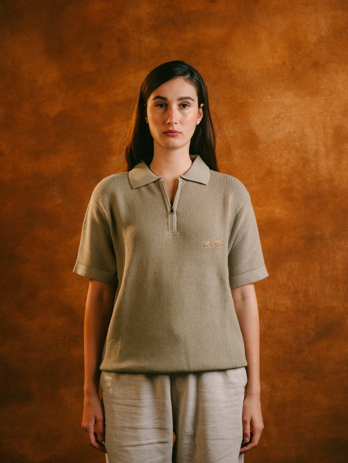 Knitted Quarter Zip Polo in Olive