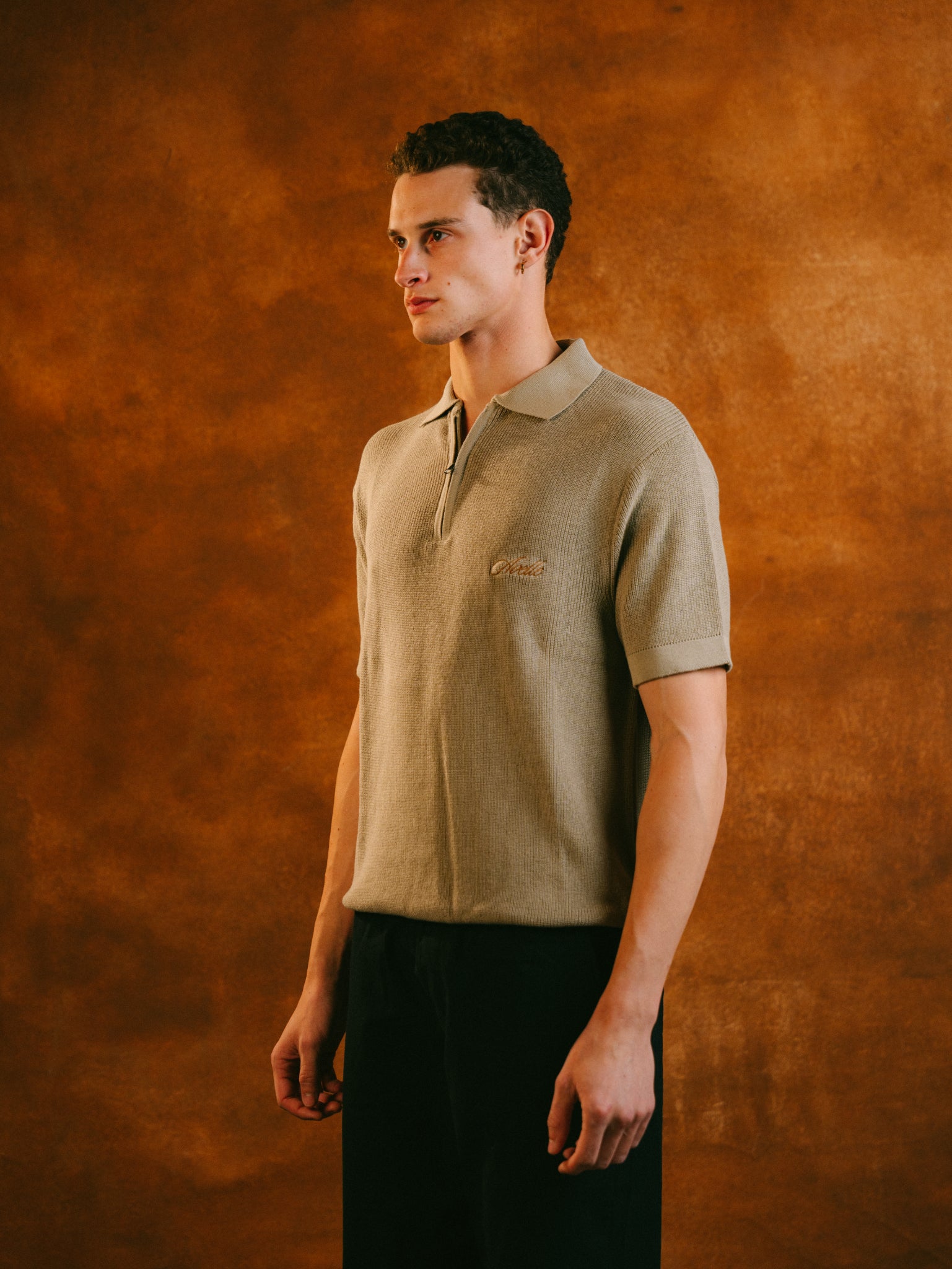 Knitted Quarter Zip Polo in Olive