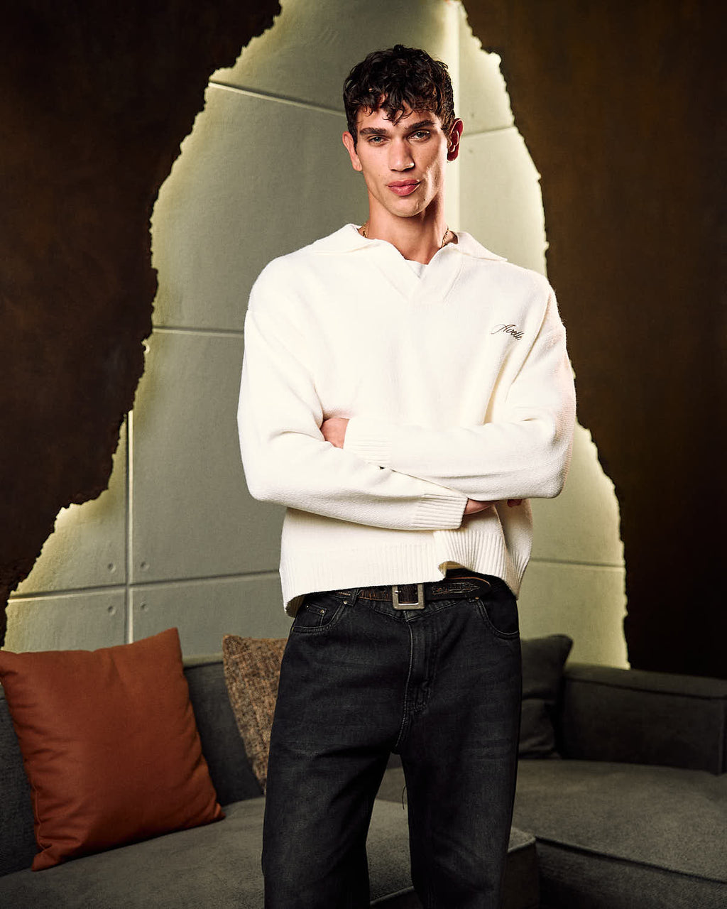 Knitted Polo Sweater In Off White