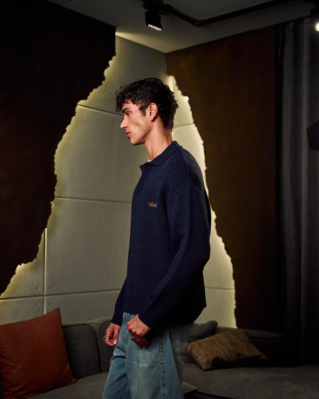 Knitted Polo Sweater In Navy Blue