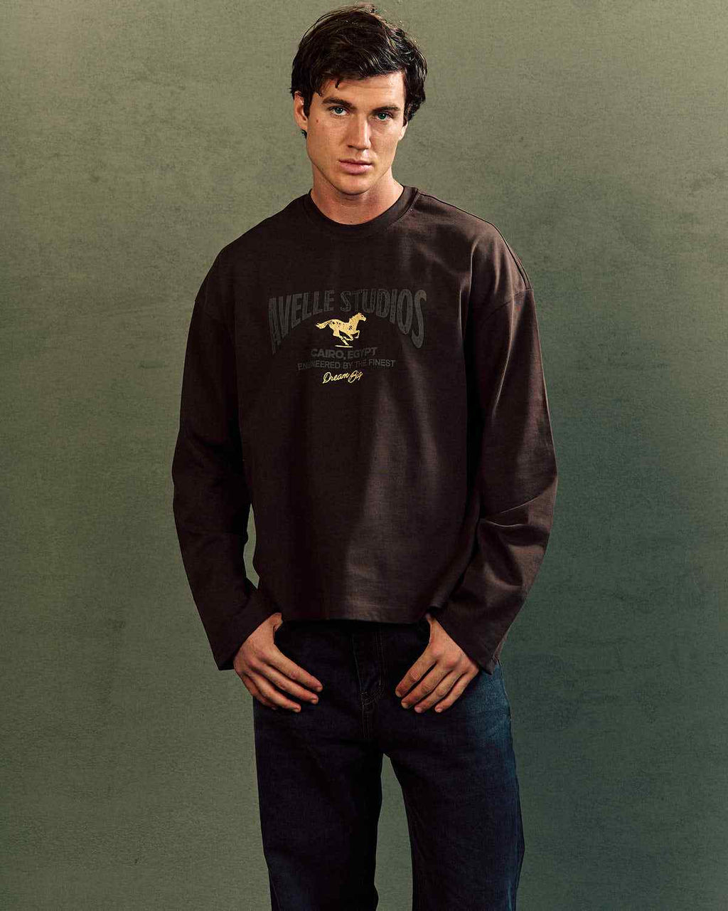 Avelle Studios long sleeve tee in brown, front close-up