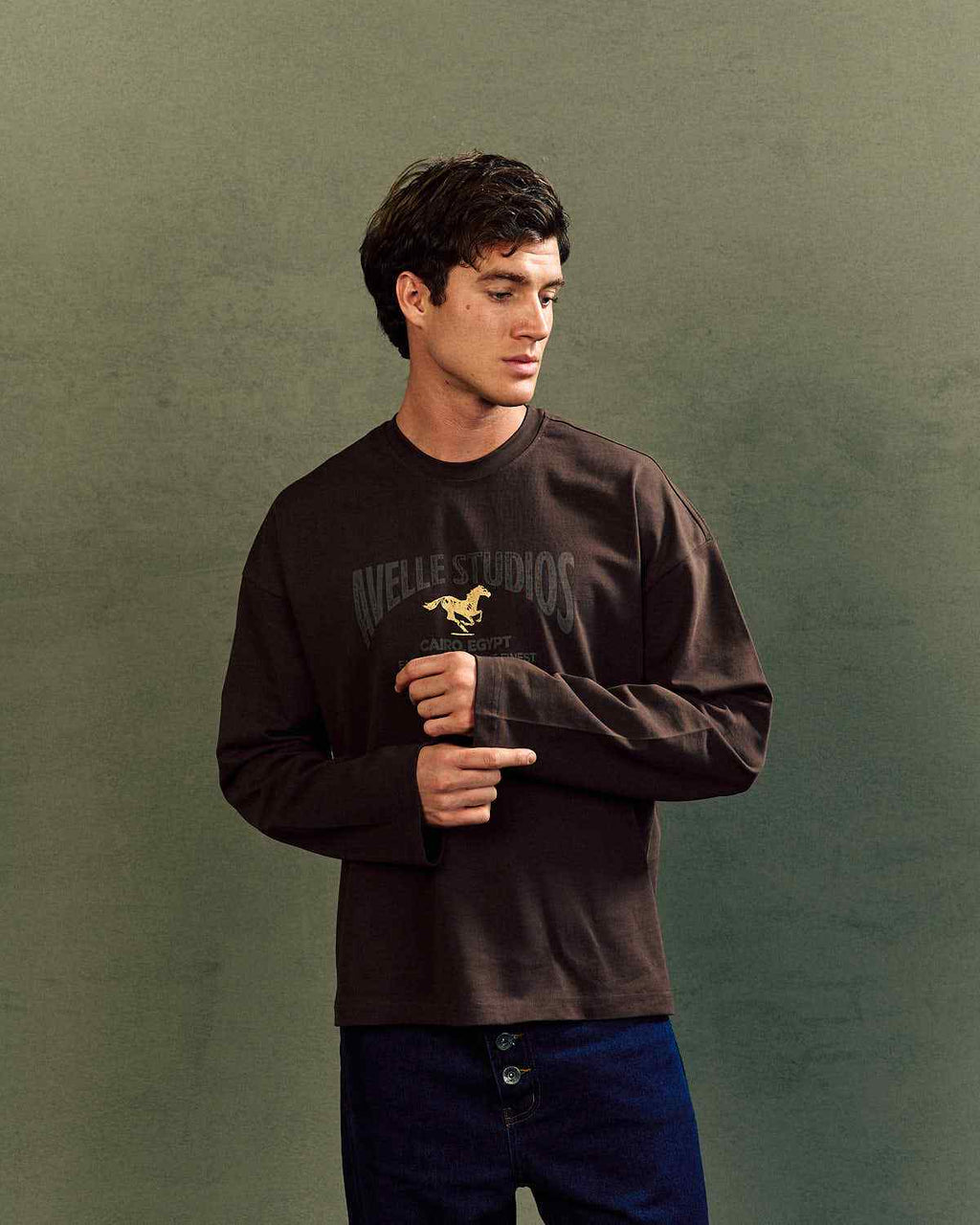 Avelle Studios long sleeve tee in brown, side portrait