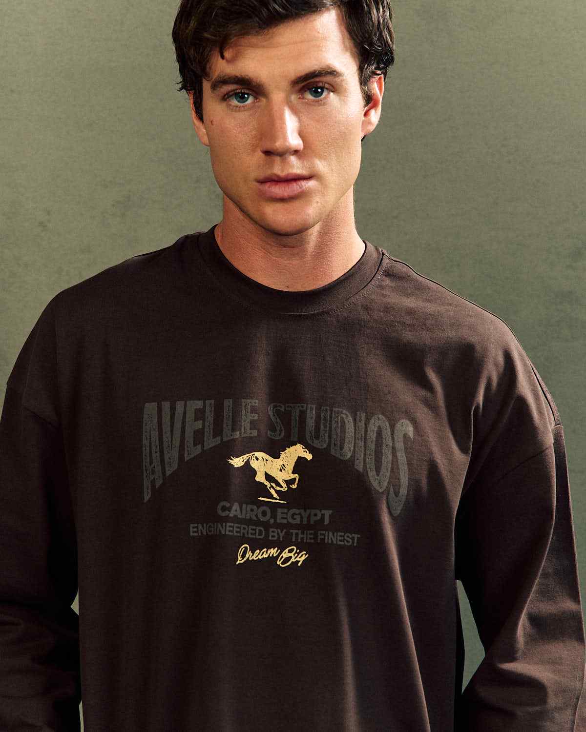 Avelle Studios long sleeve tee in brown, graphic close-up