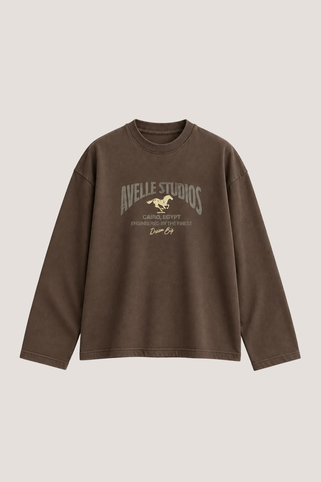 Avelle Studios graphic printed long sleeve tee in brown, front