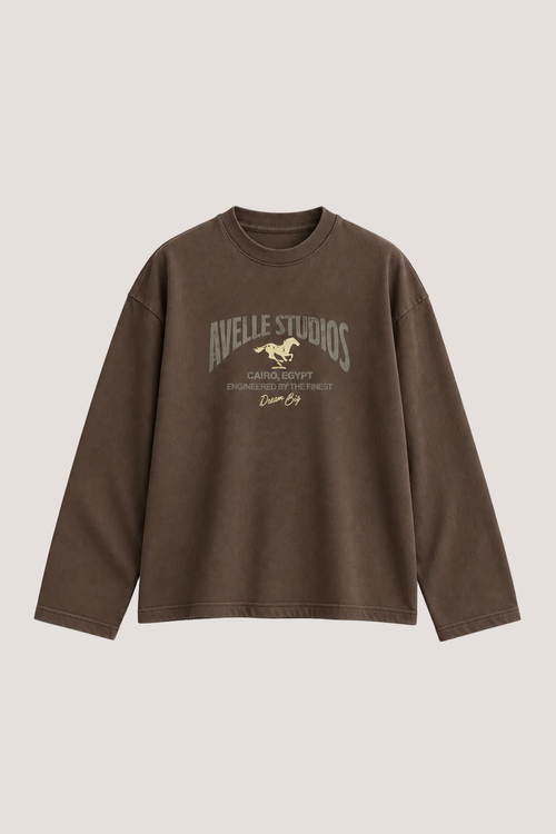 Avelle Studios graphic printed long sleeve tee in brown, front