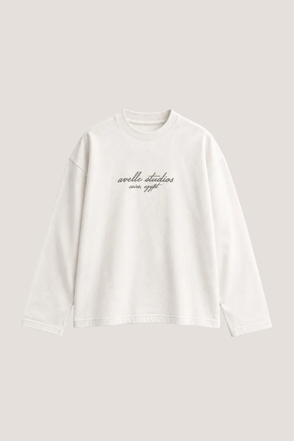 Avelle Studios graphic printed long sleeve tee in off white, front