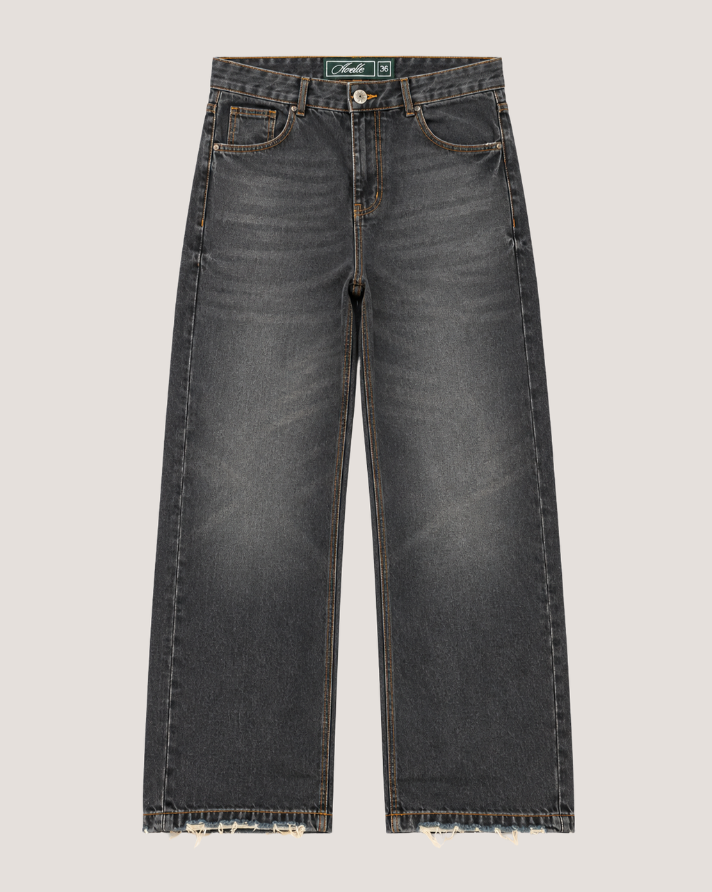 Relaxed fit jeans in faded black with frayed hem, front