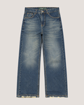 Relaxed fit jeans in mid blue wash with frayed hem, front
