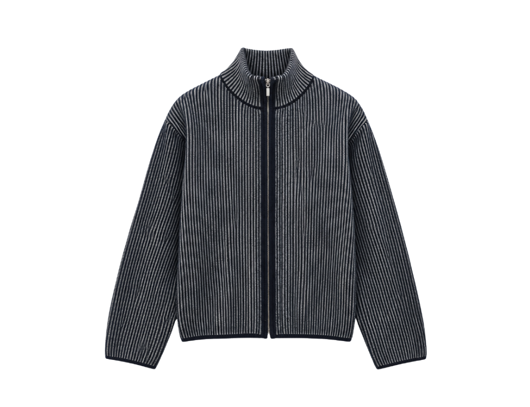 Zip Up Knitted Sweater In Navy Blue