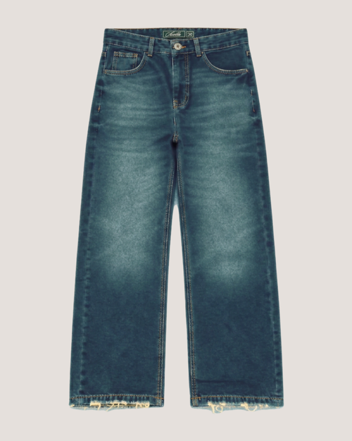 Relaxed fit jeans in mid blue wash with frayed hem, front