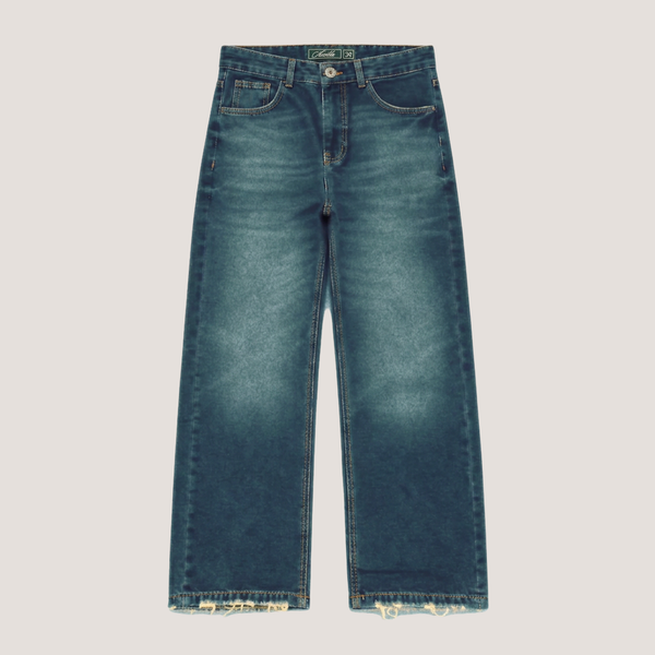 Relaxed fit jeans in mid blue wash with frayed hem, front