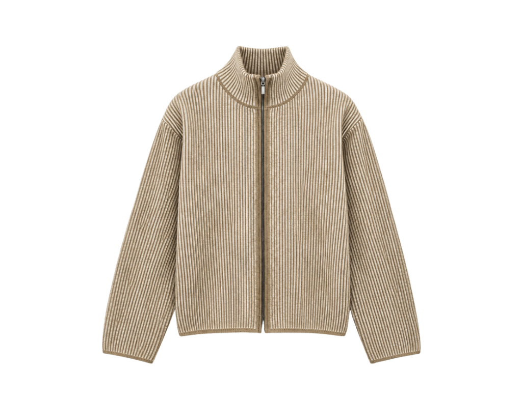 Zip Up Knitted Sweater In Beige